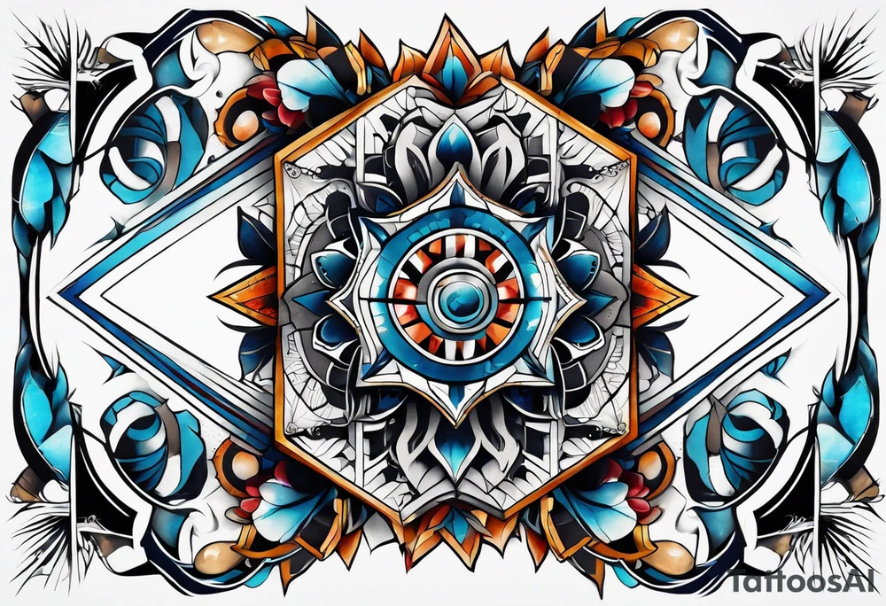semi Detailed neo traditional knee tattoo flat on paper. The tattoo features geometric patterns and bold lines, creating a visually striking design with slight tints of deep fall colors. outside the tattoo features deep blues washes and water swirls tattoo idea