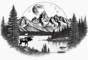 Half sleeve of Teton mountain range with moon in the sky, two moose in front of Teton lake and some fir trees tattoo idea