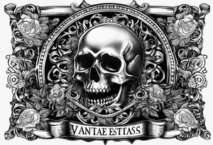 Script Latin that reads "Vectigal Vanitas est, utilitas Sanitas est, Nummus est Rex" tattoo idea