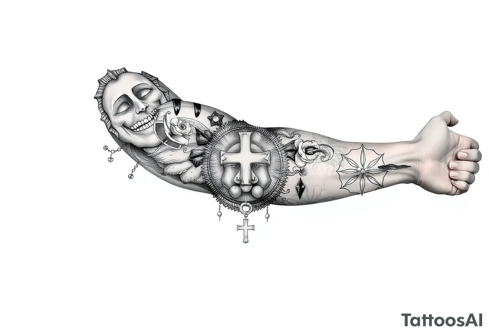 wellness and healthy symbols, cross and longevity tattoo idea
