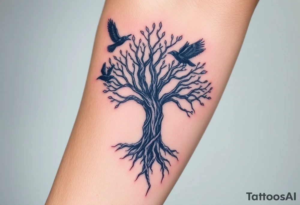 The Tree of Life, color infused, ravens flying around it, tattoo idea