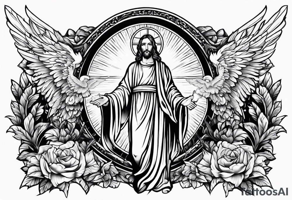 Black and white Jesus cross and angels tattoo idea