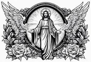 Black and white Jesus cross and angels tattoo idea