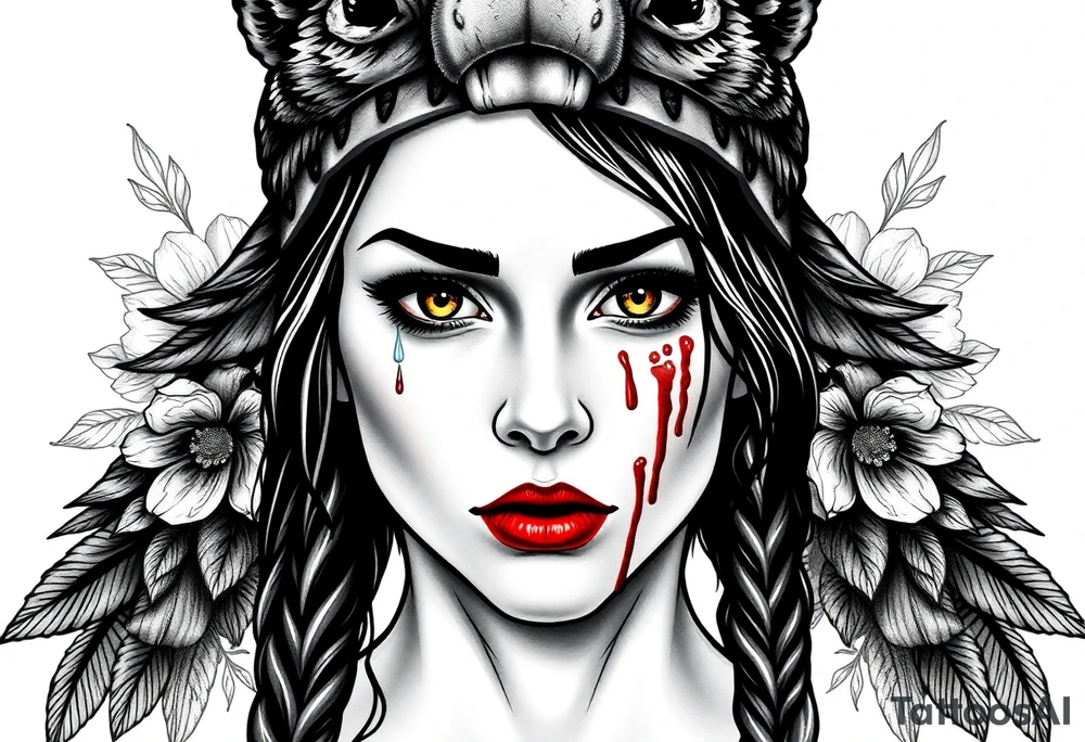 Young Symmetrical Beautiful Woman, looking forward, with colored eyes, shedding a tear, with battle scars and blood on face, with soft look, wearing a mean looking bear headdress on head, with flower background tattoo idea