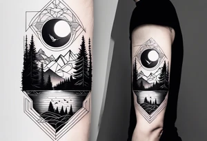 Geometric nature tattoo with moutains, lake, forest, birds and a moon. Should fit on the forearm. tattoo idea