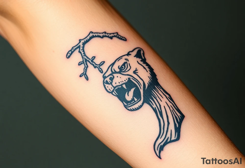 bulldog biting branch hanging from tree medieval woodcut tattoo idea