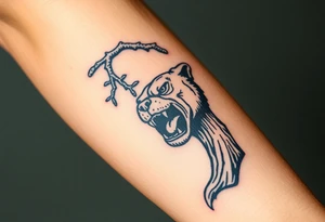 bulldog biting branch hanging from tree medieval woodcut tattoo idea