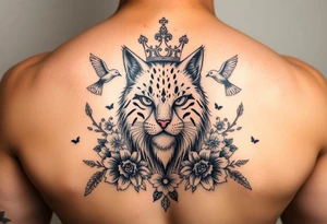 powerful majestic cat with a crown, surrounded by floral ornaments and birds tattoo idea