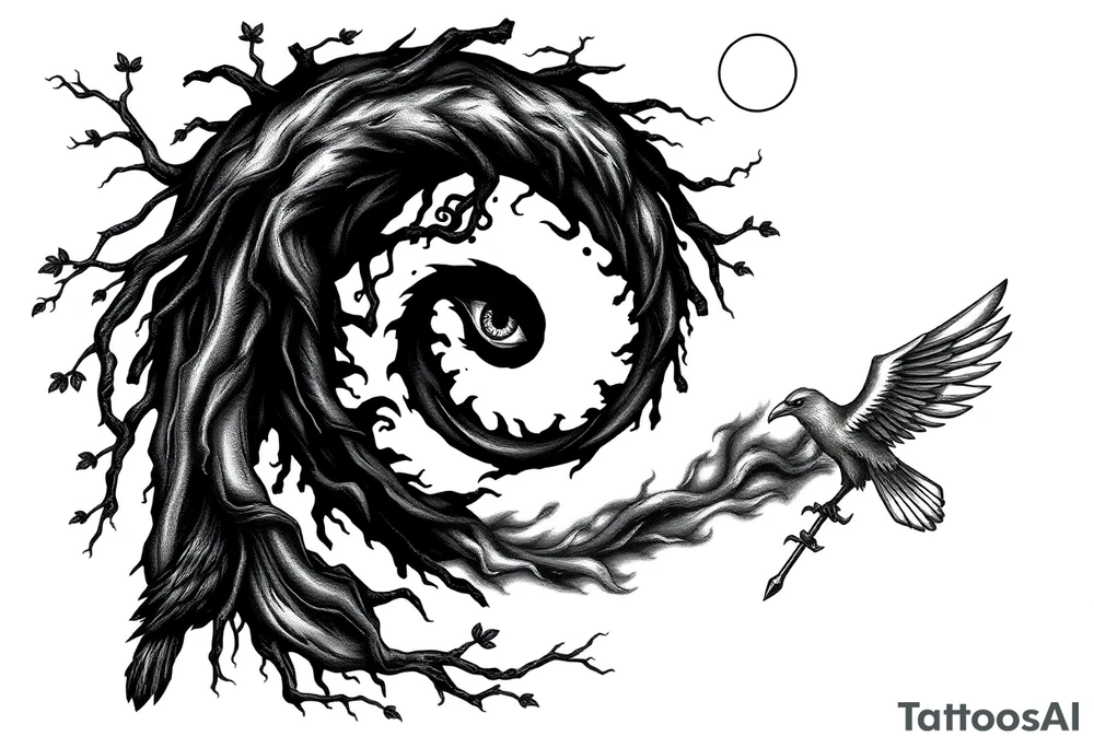Tattoo design combining a black spiral, nature elements like roots, vines, fog, and flowing water, mythological symbols like Norse runes, a raven, and a shadowy wolf spirit. Include anime elements from Naruto and One Piece: Sharingan eye, chakra flames, Itachi silhouette, Kurama, Luffy in Gear 5, and Zoro’s swords. Style should be black and grey with red highlights, mystical, powerful, and artistic – blending nature, mythology, and anime tattoo idea