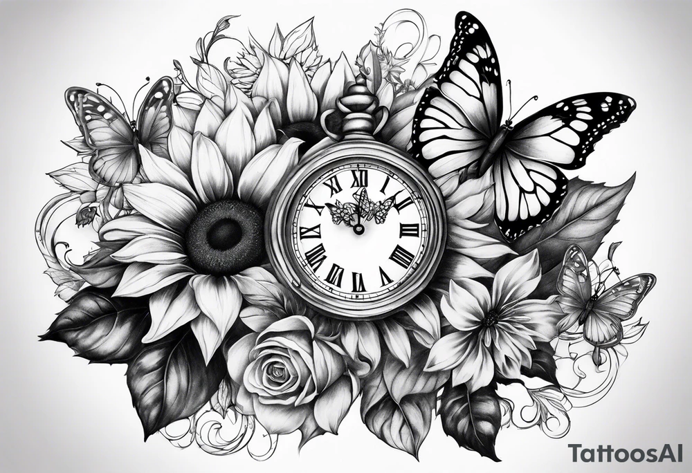 Sleeve with clock, sunflower and butterflies tattoo idea