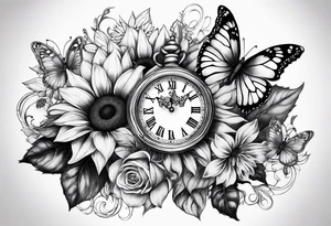 Sleeve with clock, sunflower and butterflies tattoo idea