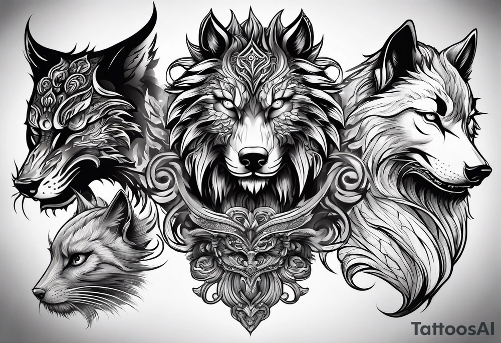 three animal heads merged: 

1. A chinese dragons head (on the left)
2. A Feline cats head(in the middle)
3. A Wolves Head (on the right) tattoo idea