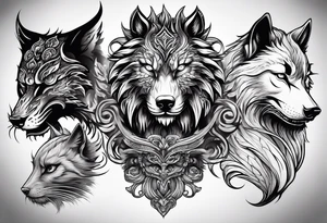 three animal heads merged: 

1. A chinese dragons head (on the left)
2. A Feline cats head(in the middle)
3. A Wolves Head (on the right) tattoo idea
