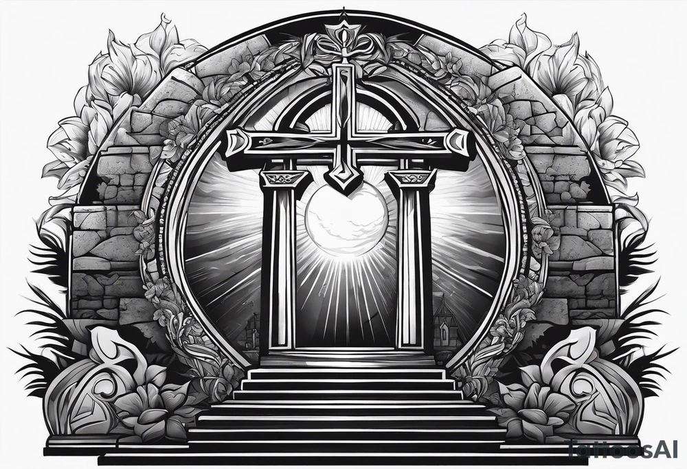 Tomb with cross and sun in the background tattoo idea