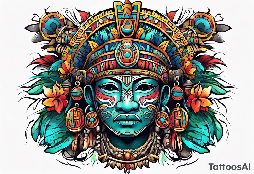 Colorful Mayan cave tattoo idea