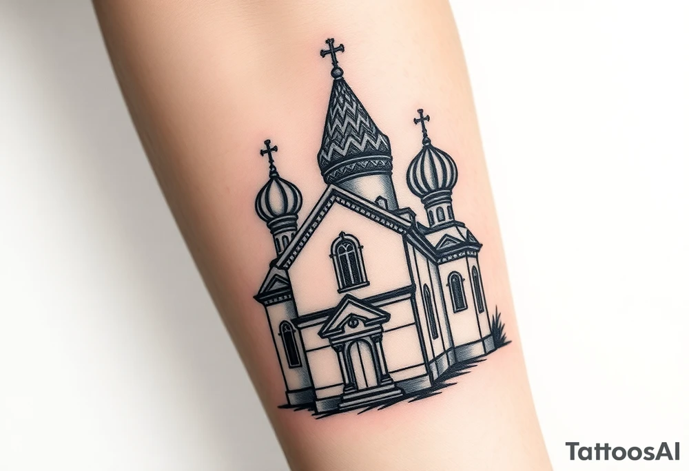in a dorsal view a detailed medium sized country style orthodox church with onion domes and a band at the front with mist shrouding the top and fading into a virgin mary overlooking above at the top tattoo idea