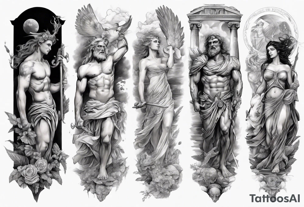 greek mythology
many details
full arm sleeve
realisism tattoo idea