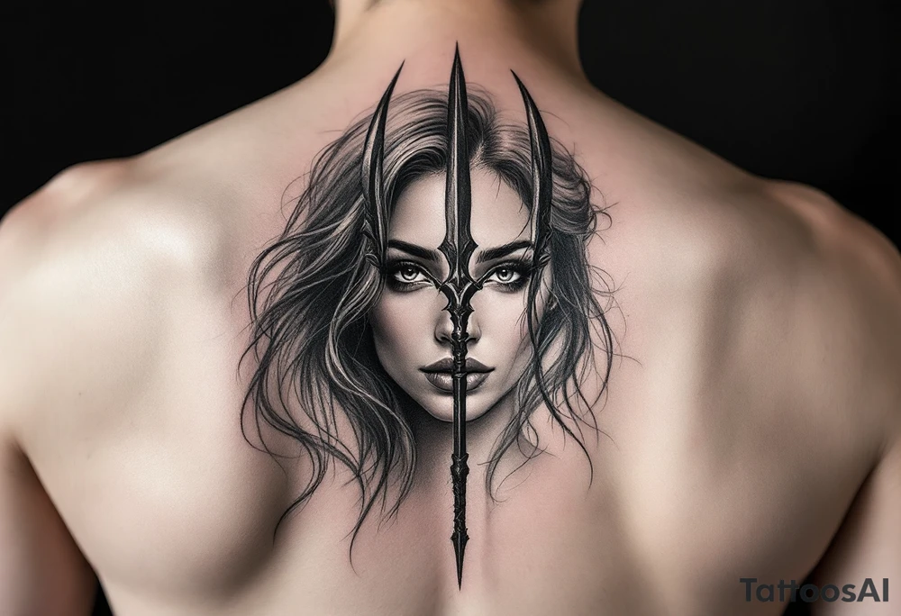 gentle woman face behind trident tattoo idea