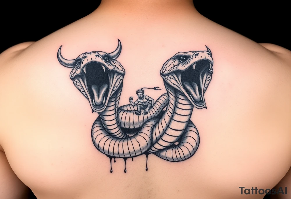 1 dominate head the 1 and the other bigger and scarier both heads giant fangs out 1 head pulling away so hard there’s blood on the neck where the 2 heads split its 2 fierce baby cobra heads and a man riding on the snake like it was bull riding tattoo idea