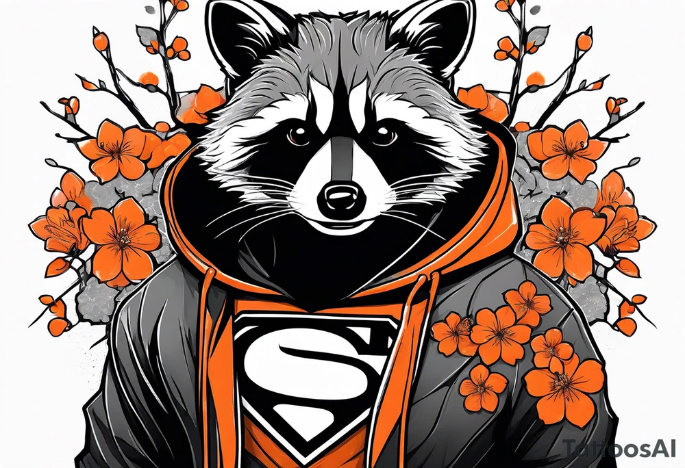Raccoon wearing a white Superman logo on a black hoodie and orange Japanese cherry blossoms beside tattoo idea