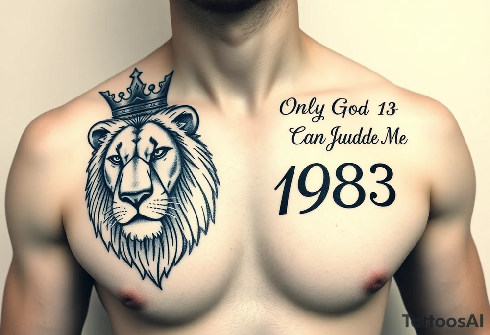 Make a full chest tattoo design  put a small lion with a crown on his head on the left side and give him blue eyes and on the right side put 1983 in Roman numerals also add the quote “ Only God Can Judge Me”on the top of the tattoo but in cursive, fill the whole chest with A nice design shaded that matches the vibe tattoo idea