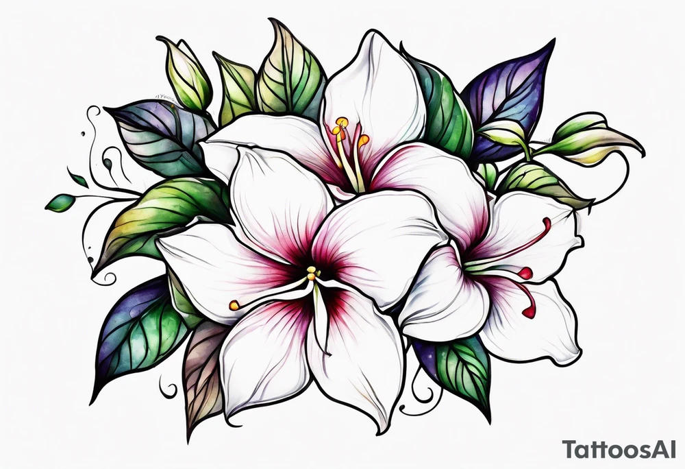 white background, abstract mandevilla flowers on a vine, part of it watercolor, part of it just line work tattoo idea