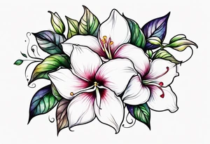 white background, abstract mandevilla flowers on a vine, part of it watercolor, part of it just line work tattoo idea