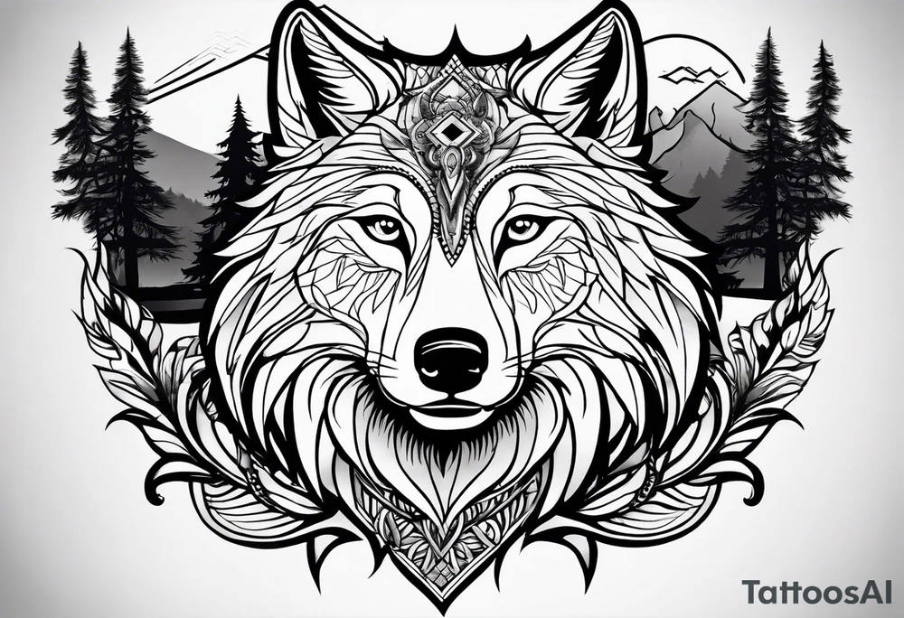 Halbes Gesicht eines Wolfes
Mit Keltischen Zeichen
Im Hintergrund Wald und Berge tattoo idea