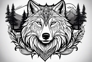 Halbes Gesicht eines Wolfes
Mit Keltischen Zeichen
Im Hintergrund Wald und Berge tattoo idea