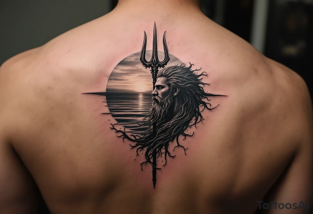 trident with Poseidon half way under calm water at sunset tattoo idea