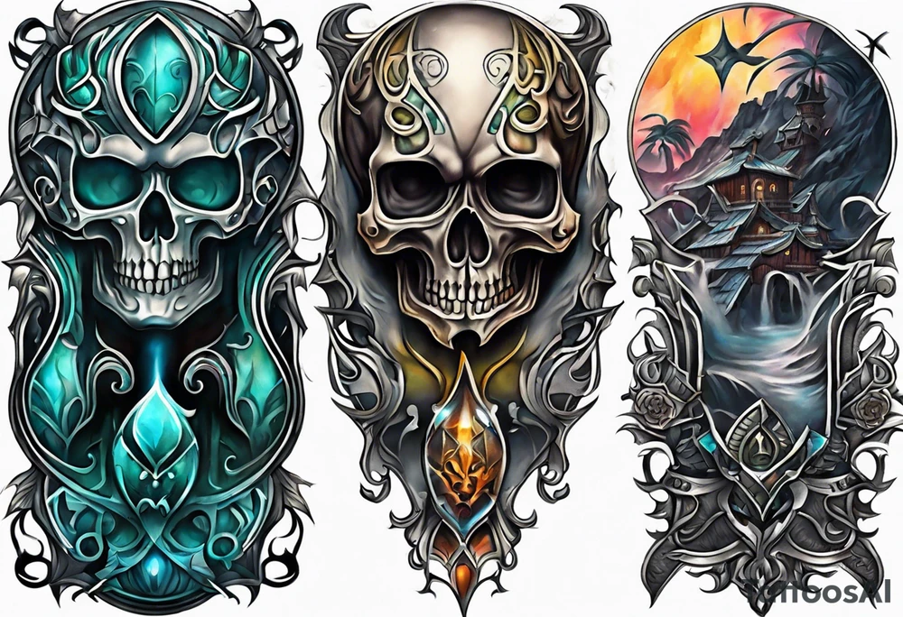 knee tattoo with skull and water colors and shapes tattoo idea