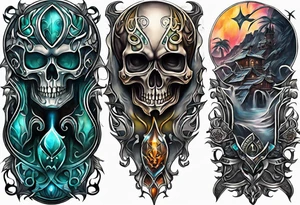 knee tattoo with skull and water colors and shapes tattoo idea