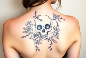 gothic skull intertwined with climbing roses and thorny vines tattoo idea