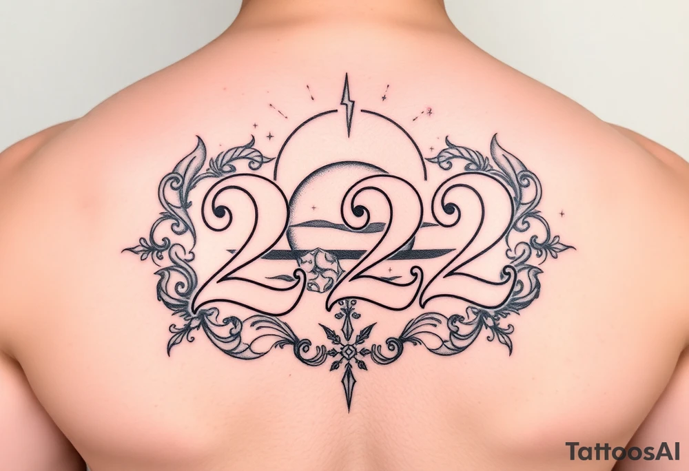 Bold 222 surrounded with sunset and love and stardust and vibration tattoo idea