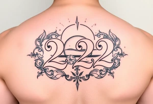 Bold 222 surrounded with sunset and love and stardust and vibration tattoo idea