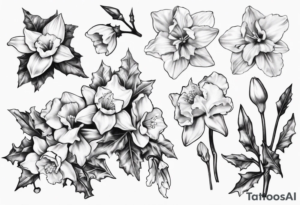 OAKLEE with Narcissus and holly flowers tattoo idea