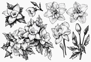 OAKLEE with Narcissus and holly flowers tattoo idea