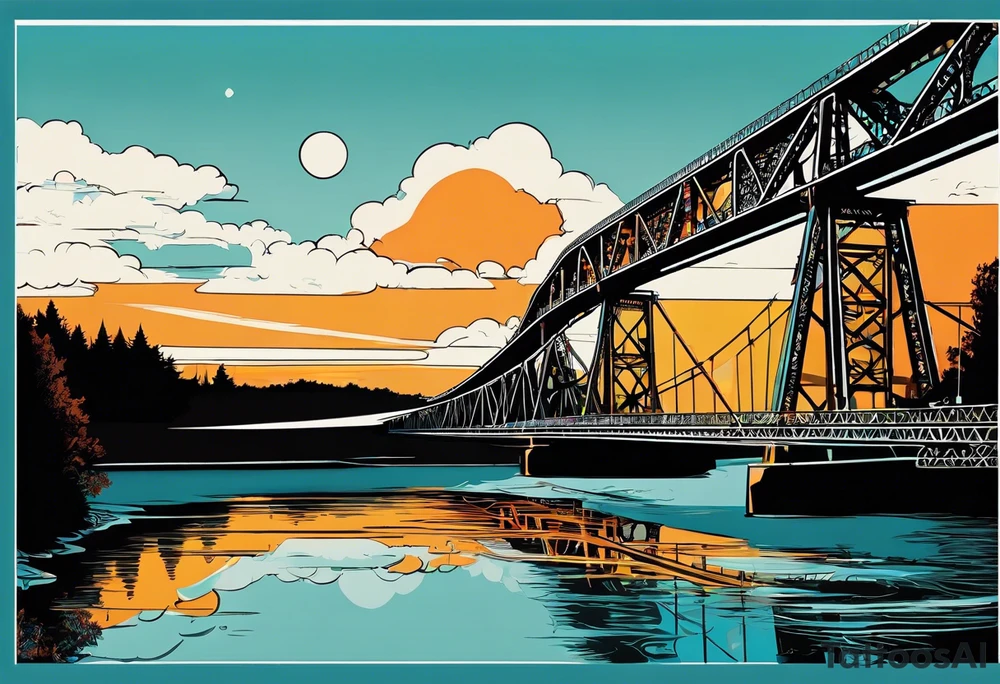 70's poster art, pop art, simple, view from under steel truss cantilever bridge tattoo idea