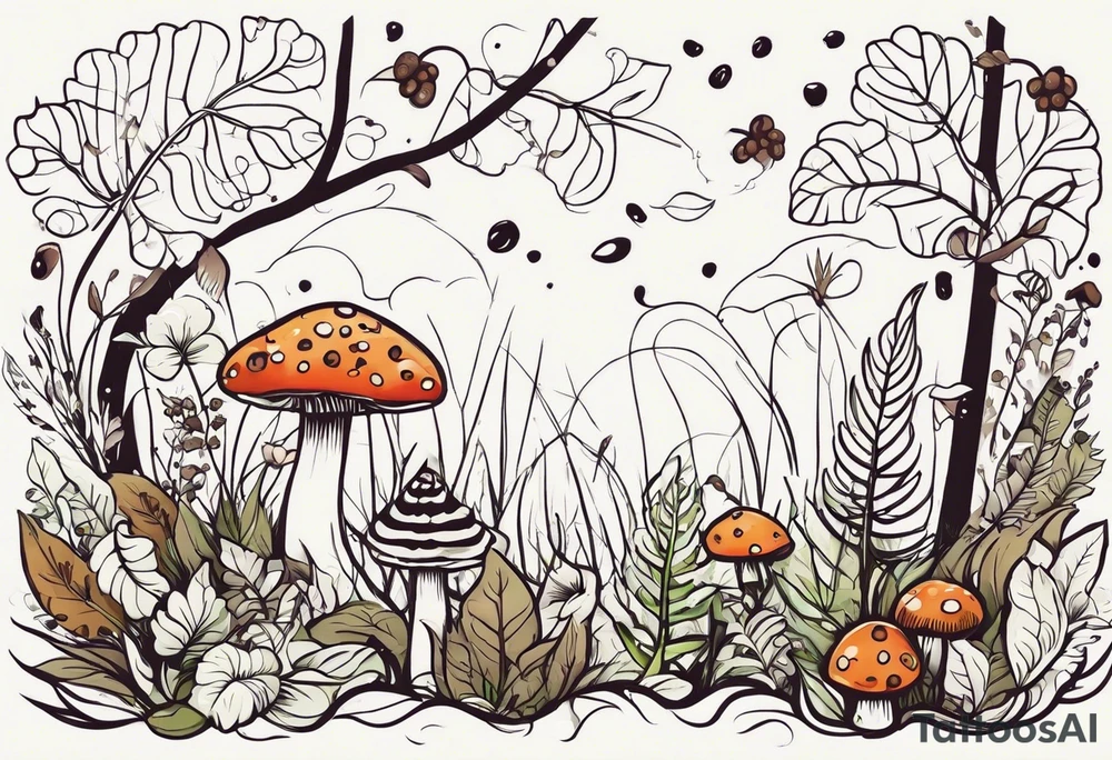 minimalistic forest floor inspired tattoo, which includes grass, moss, curly ferns and dead leaves as the bulk of the tattoo. details to include: forest berries, couple of very small brown mushrooms, a tiny bumblebee flying nearby tattoo idea