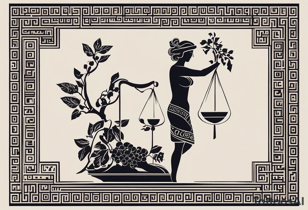 Craft an abstract yet distinctly ancient Greek-inspired tattoo design featuring Dionysus and Clio. Incorporate motifs from classical Greek art such as geometric patterns, meander borders, and stylized representations of the gods. For Dionysus, integrate symbols like grape clusters, ivy leaves, or the thyrsus staff in a dynamic and fluid composition, capturing the essence of his revelry and passion. Similarly, for Clio, infuse elements like scrolls, laurel wreaths, or the lyre into the design, evoking a sense of scholarly enlightenment and artistic inspiration. Ensure the overall aesthetic echoes the elegance and timelessness of ancient Greek art, offering a unique interpretation of these revered deities tattoo idea