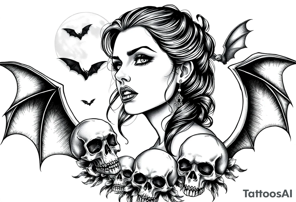 female vampire,bats,full moon,skulls. tattoo idea