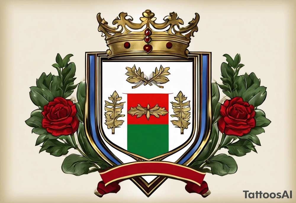 A custom family crest that includes symbols of strength and love.
The crest is divided into sections, each representing different family members with their names and dates.
Incorporate Italian elements such as the Italian flag or a laurel wreath.
The phrase "Famiglia Prima di Tutto" (Family First) prominently displayed on a banner below or above the crest. tattoo idea