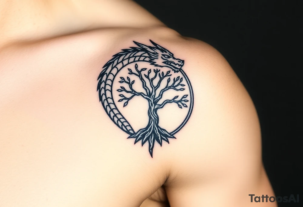 a dragon forming a circle with its body.  the dragon encircles the tree of life.  the dragon is eating the tree tattoo idea
