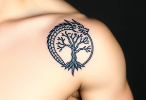 a dragon forming a circle with its body.  the dragon encircles the tree of life.  the dragon is eating the tree tattoo idea