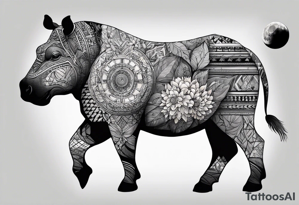 Very asymmetrical, +geometric pattern, with realistic full moon, with hippo,+tribal, +geometric, +inkart , +blackwork, +grey scale, + sketch
with wintersweet flower bud, +for men, detailed layering , modify from my favourites , not like a cow tattoo idea