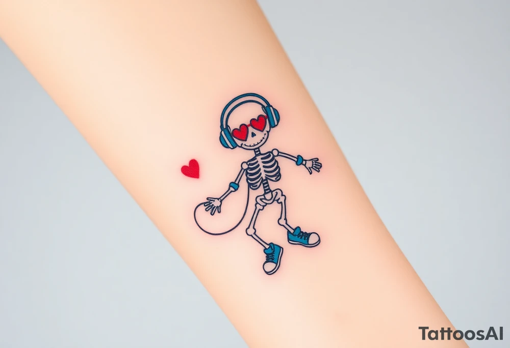 smiley skeleton with red love shape in his eyes jumping on a jump rope with blue headphones and blue armbands and blue sneakers with colorful music notes around his head tattoo idea