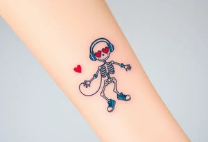 smiley skeleton with red love shape in his eyes jumping on a jump rope with blue headphones and blue armbands and blue sneakers with colorful music notes around his head tattoo idea