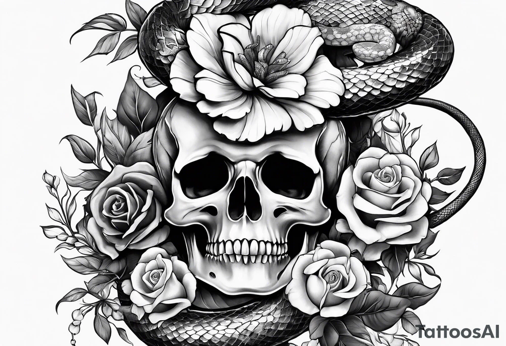 Floral arrangement with a snake and skull tattoo idea