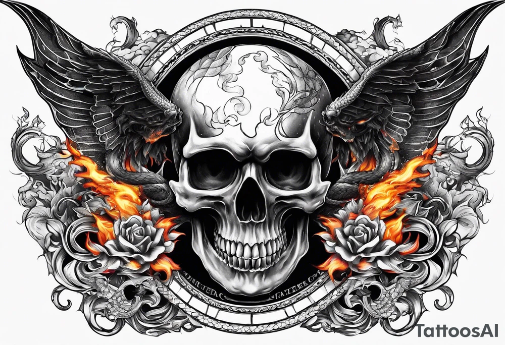 Flying fiery skull with encircling dragon tattoo idea
