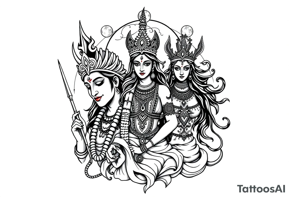 Lord Shiva, Godess Kali, Godess Lilith with the moon phases in the background tattoo idea